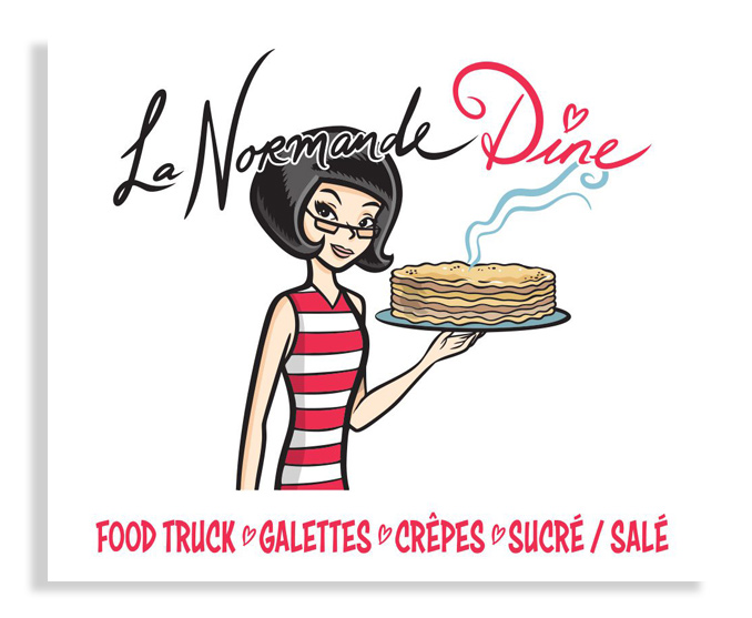Logo horizontal illustré de La Normande Dîne avec femme tenant des crêpes fumantes.
