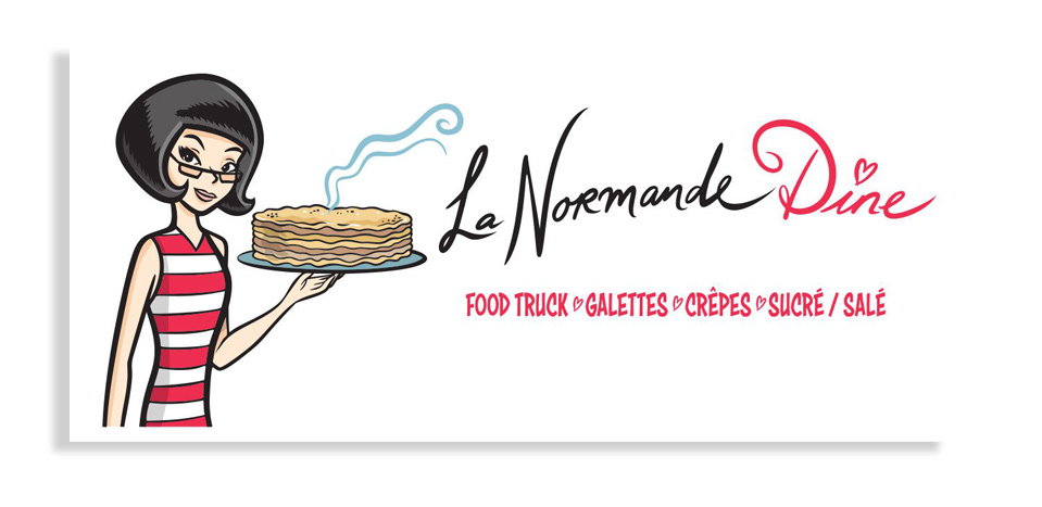 Femme stylisée tenant une pile de crêpes, logo “La Normande Dîne”, typographie manuscrite.