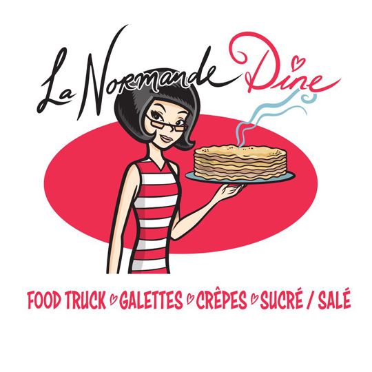 Logo illustré rétro du food truck “La Normande Dîne” avec mascotte féminine, crêpes et typographie manuscrite personnalisée.