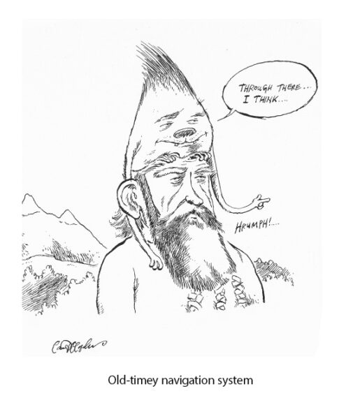 Pen drawing of a bearded man with a speech-bubble-hat creature telling him which direction to take.