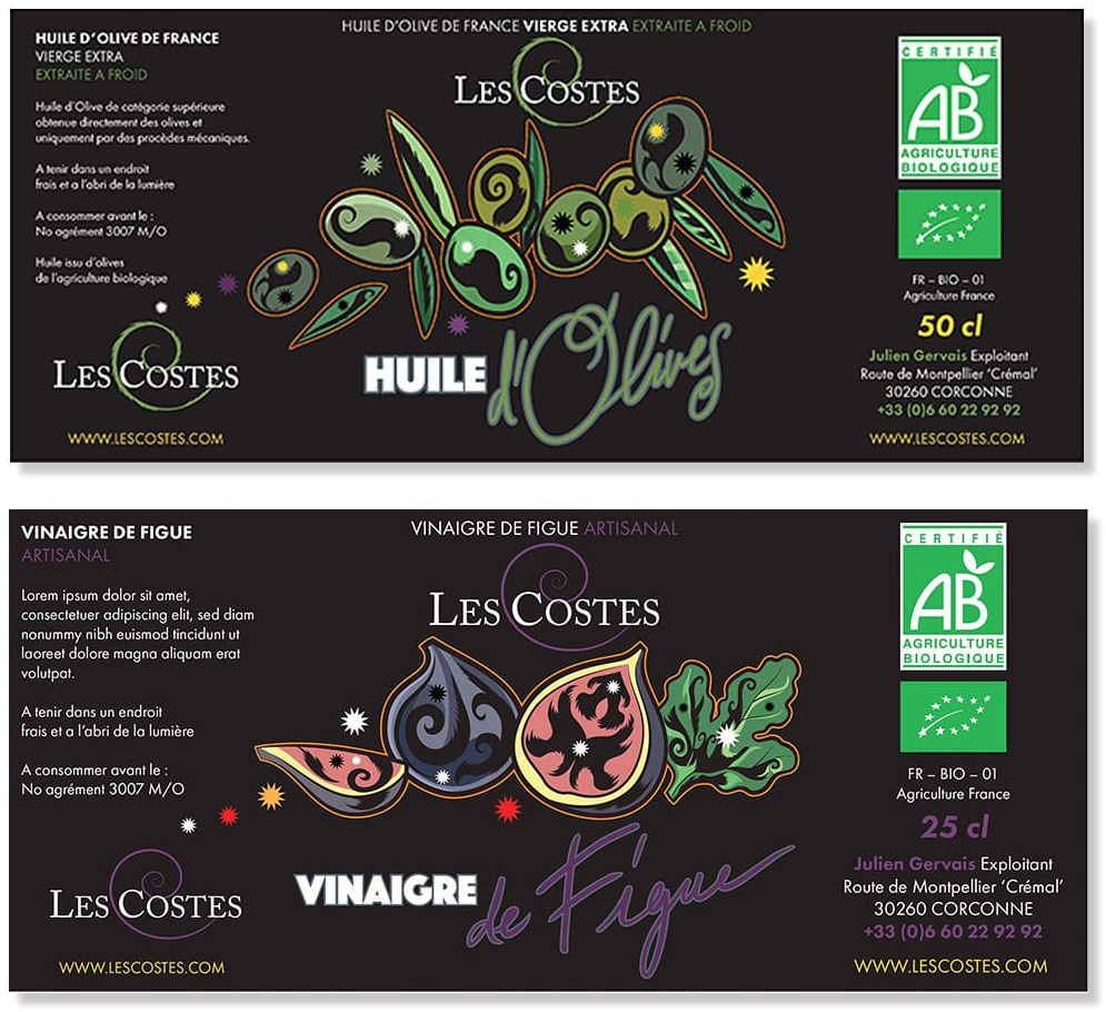 French olive oil and fig vinegar label design with hand-illustrated produce, Les Costes branding.