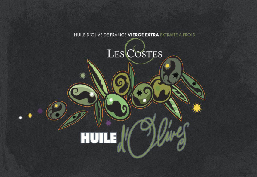 Label for Les Costes extra virgin olive oil with olive design on dark background.