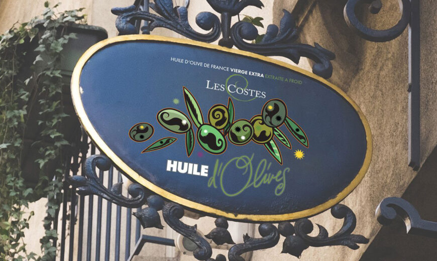 Decorative sign for Les Costes French cold-pressed extra virgin olive oil with olives design.