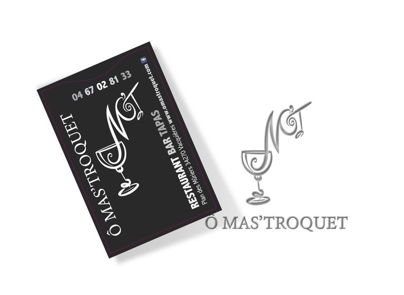 Business card for Ô Mas'Troquet restaurant, bar, tapas in Valergues; logo and contact info.