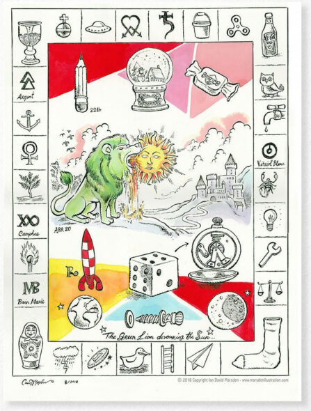 Colored sketch of a mythic green lion consuming the sun, surrounded by dice, fish, and cryptic symbolism.