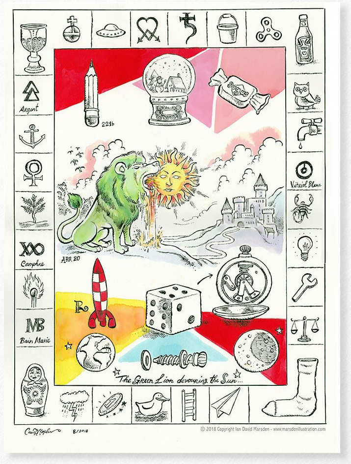 Colored sketch of a mythic green lion consuming the sun, surrounded by dice, fish, and cryptic symbolism.