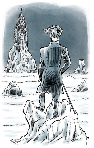 Figure standing at edge of cloudy landscape facing distant peaks, contemplative and solitary