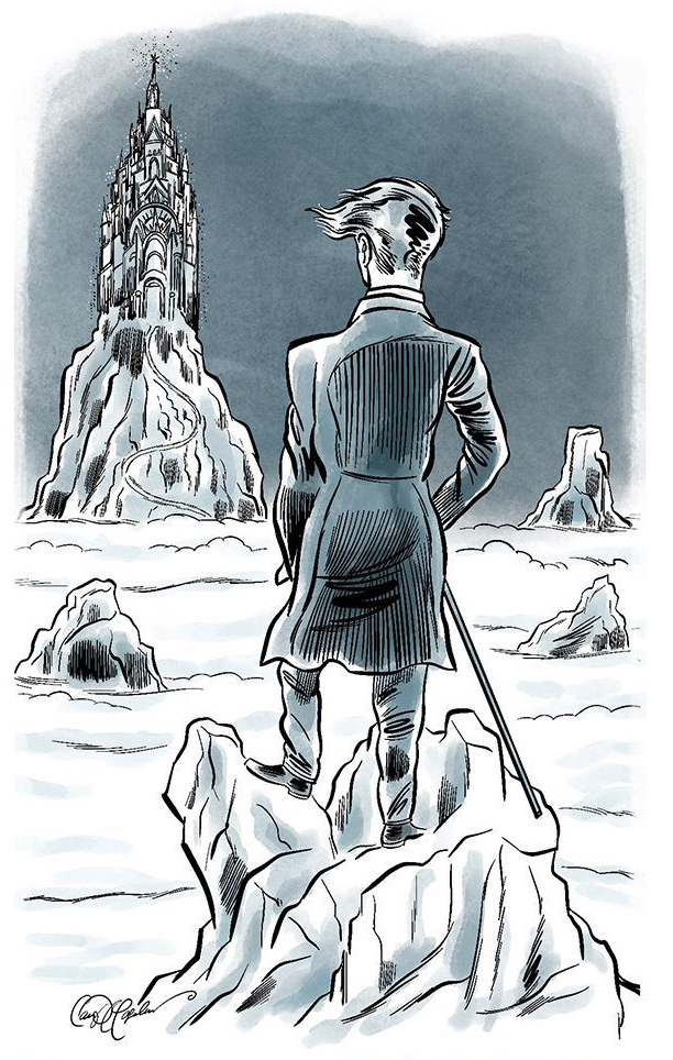 Figure standing at edge of cloudy landscape facing distant peaks, contemplative and solitary