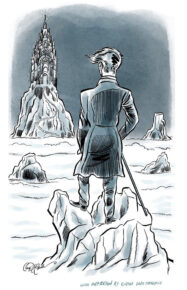 Man on rocky peak gazes at ornate castle across misty landscape, inspired by Caspar David Friedrich.