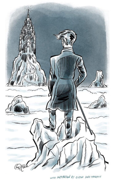 Man on rocky peak gazes at ornate castle across misty landscape, inspired by Caspar David Friedrich.