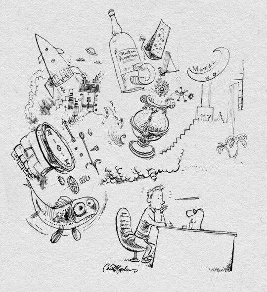 Sketchbook spread overflowing with surreal and comedic ink doodles — a stream-of-consciousness on paper.