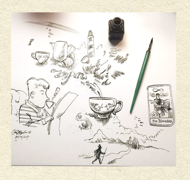 Ink sketch page with lighthouse, tarot card, teacup, and spontaneous character drawings in pen.