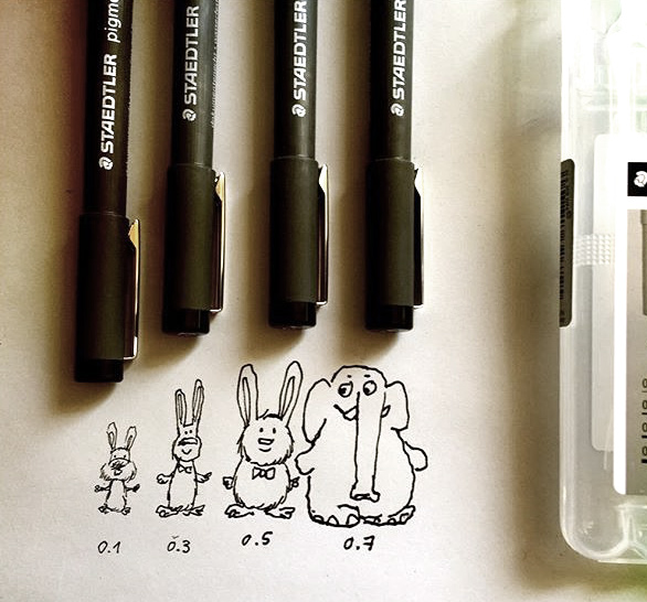 Drawing of four characters each inked with a different pen tip, lined up beneath their respective tools.