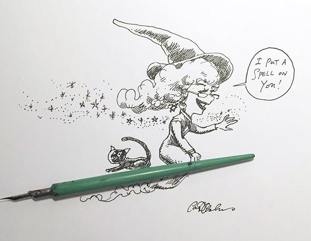 Illustration of a flying witch using a real dip pen as her broom, drawn with whimsical flair.