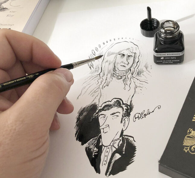 Pen close-up of sketched characters from the Provence mystery series, focusing on facial expressions and ink texture.