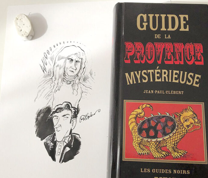 Black-and-white sketch of mysterious figures beside a retro travel guidebook about Provence.
