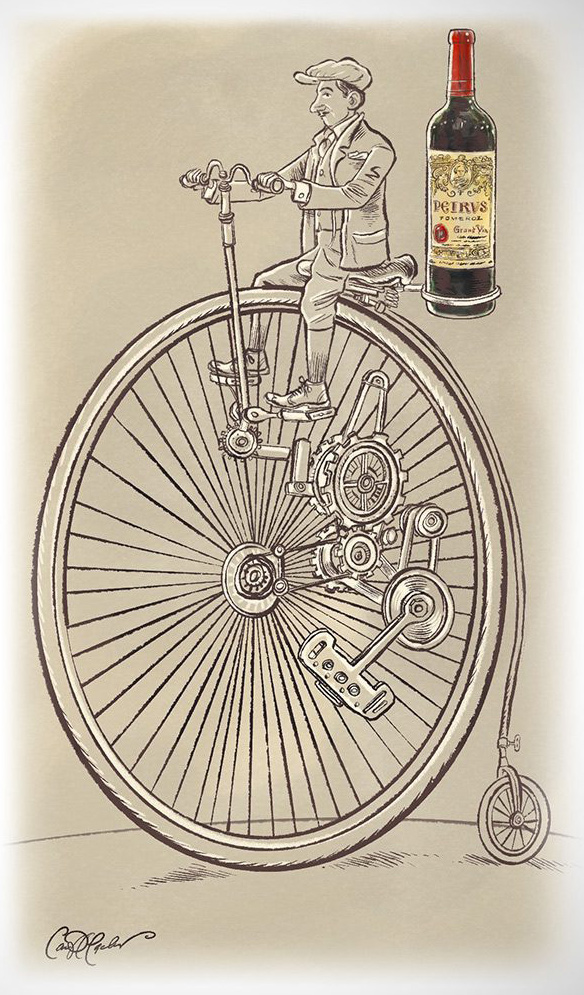 Vintage drawing of a man on a penny-farthing with oversized front wheel and wine bottle above.