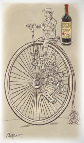Man rides a detailed penny-farthing bicycle with a bottle of Petrus wine beside him.