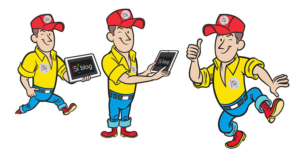 Cartoon character in three poses, red cap, yellow shirt, holding tablet with "Si blog" text.