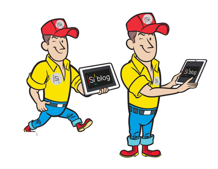 Two cartoon characters in yellow shirts, blue jeans, holding tablets displaying "Si' blog".
