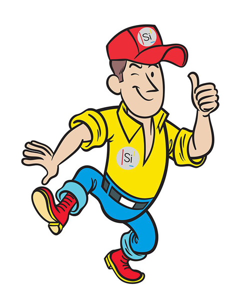 Cartoon character in red cap, yellow shirt, blue jeans, red boots, giving thumbs-up, leg lifted.