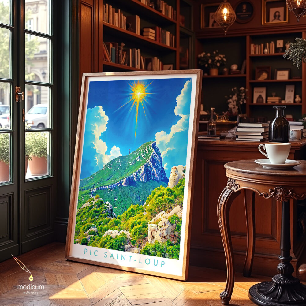 Tirage d’art encadré « Pic Saint-Loup » posé au sol dans un intérieur chaleureux (boiseries, bibliothèque, table bistrot et tasse), ambiance galerie — affiche Pic Saint-Loup / illustration Montpellier-Claret, style graphique lumineux et méditerranéen.