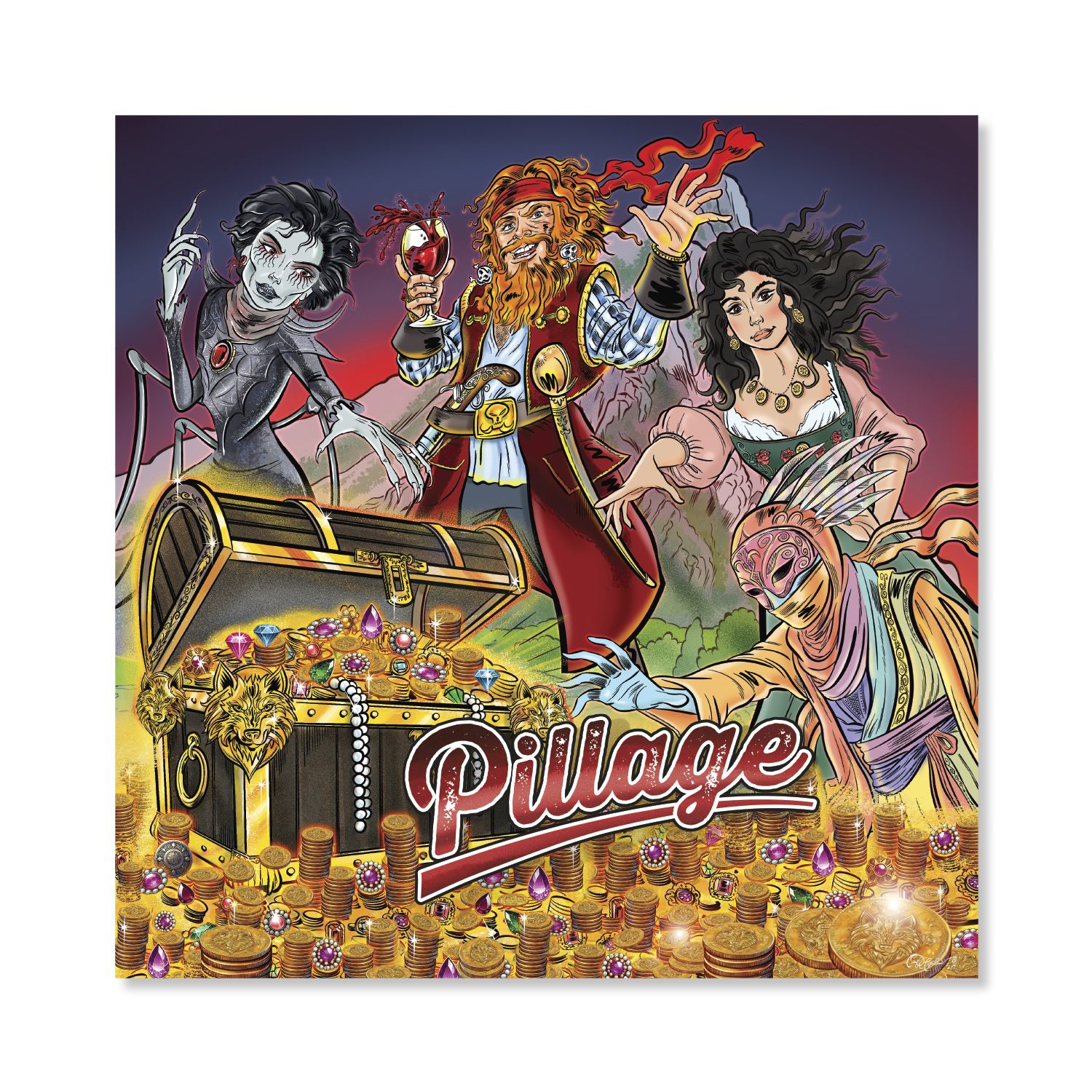 Cartoon of four characters with treasure chest, gold, jewels; text "Pillage" below.