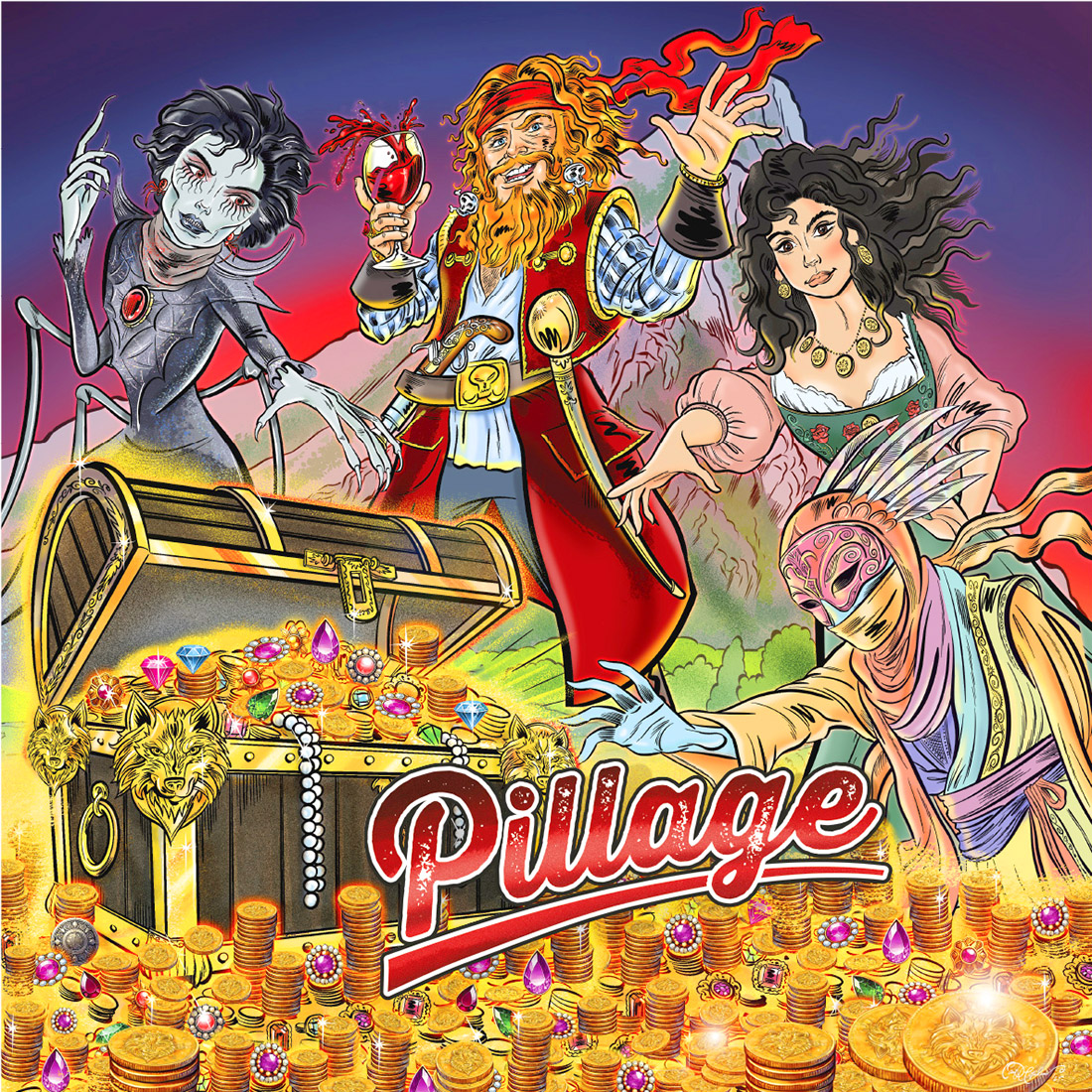 Colorful fantasy characters in front of treasure chest – Pillage board game