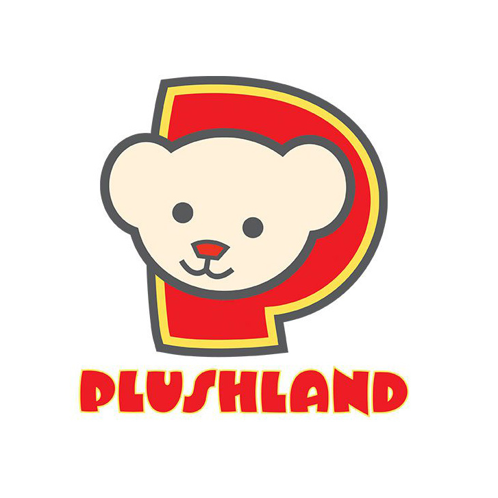 Logo with a stylized "P" and bear face, "Plushland" in bold red letters, red-yellow scheme.