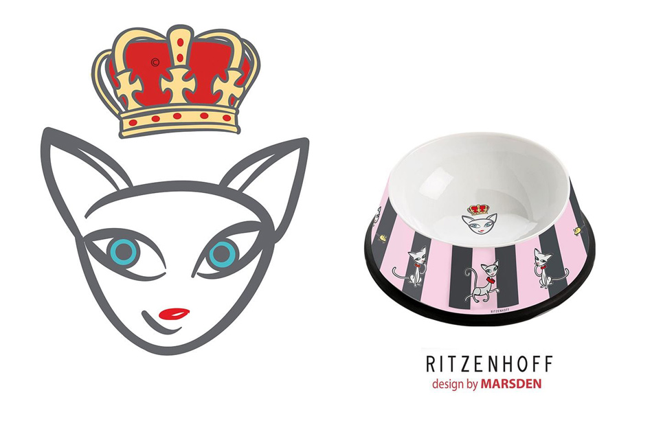 Illustrated crowned cat with matching striped bowl, Ritzenhoff brand, designed by Marsden.
