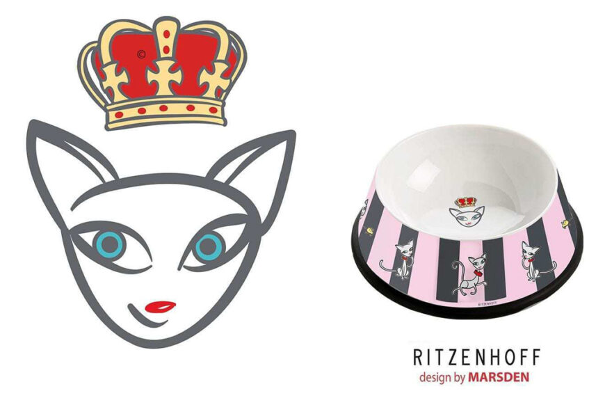 Crowned cat character and bowl design for Ritzenhoff petware collection
