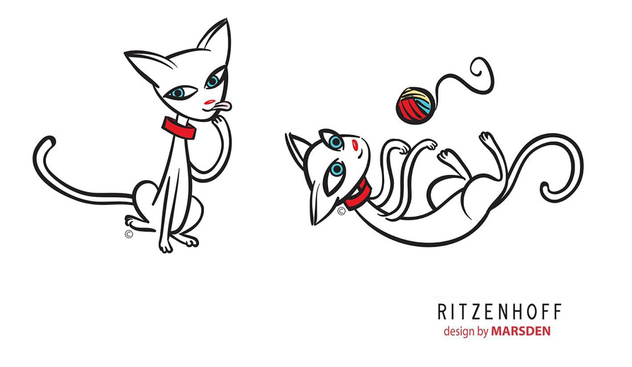 Two white cats with red collars, one sitting thoughtfully, the other playing with a yarn ball.