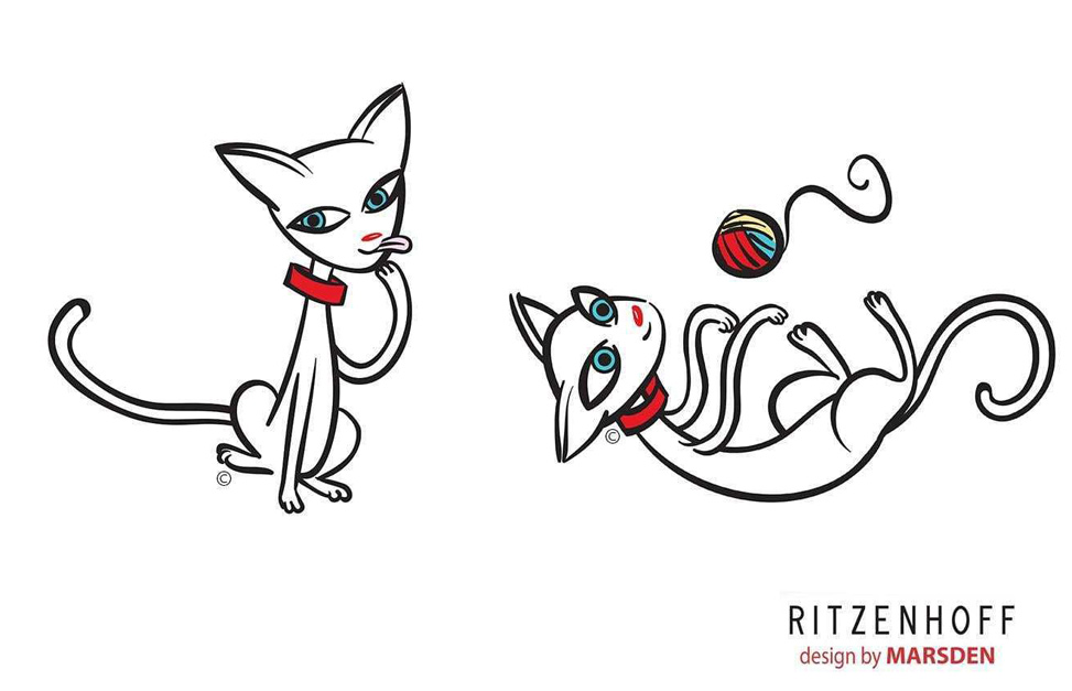 Line art illustrations of playful cats in different poses for Ritzenhoff designer pet bowl