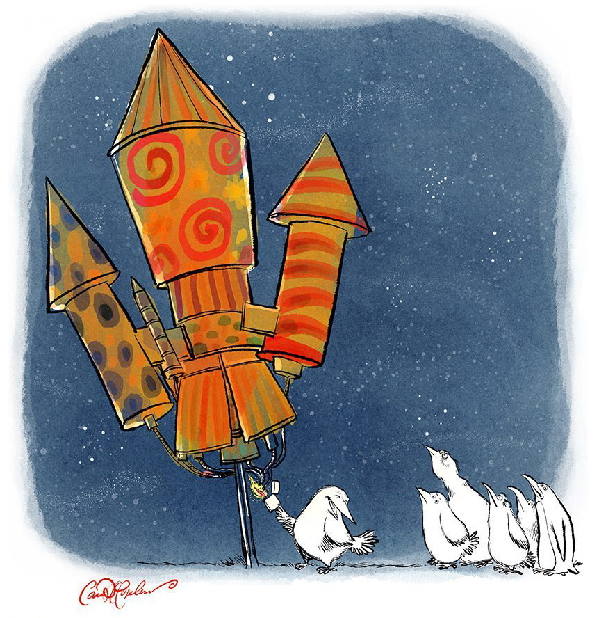 Birds standing before oversized colorful fireworks