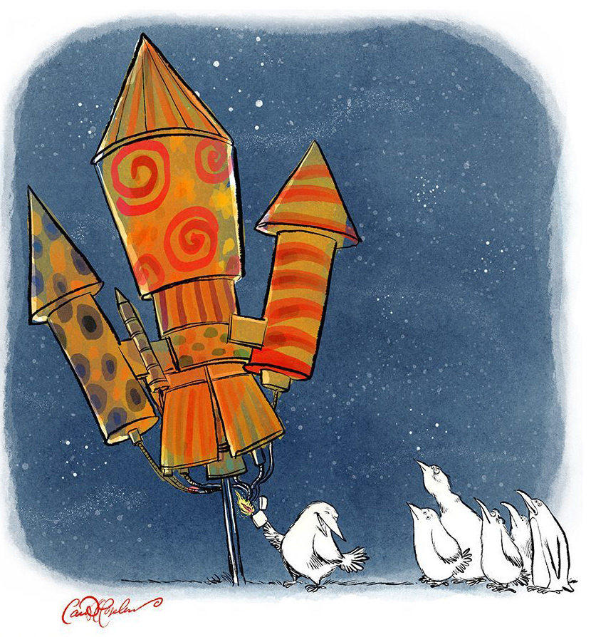 Cartoon birds with a match lighting colorful fireworks under a starry night sky.