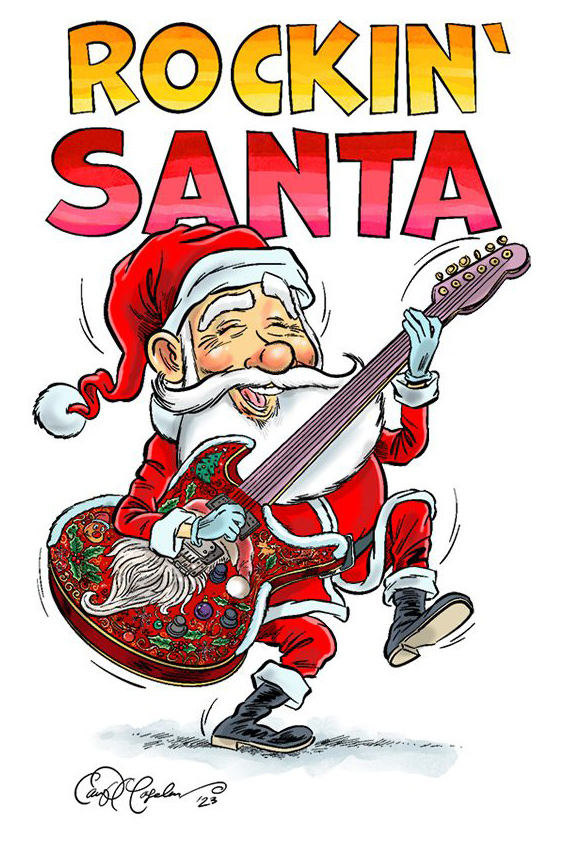 Santa Claus energetically playing guitar with "Rockin' Santa" text in background.