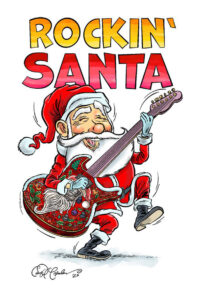 Santa Claus in red outfit playing festive electric guitar, with "Rockin' Santa" text above.