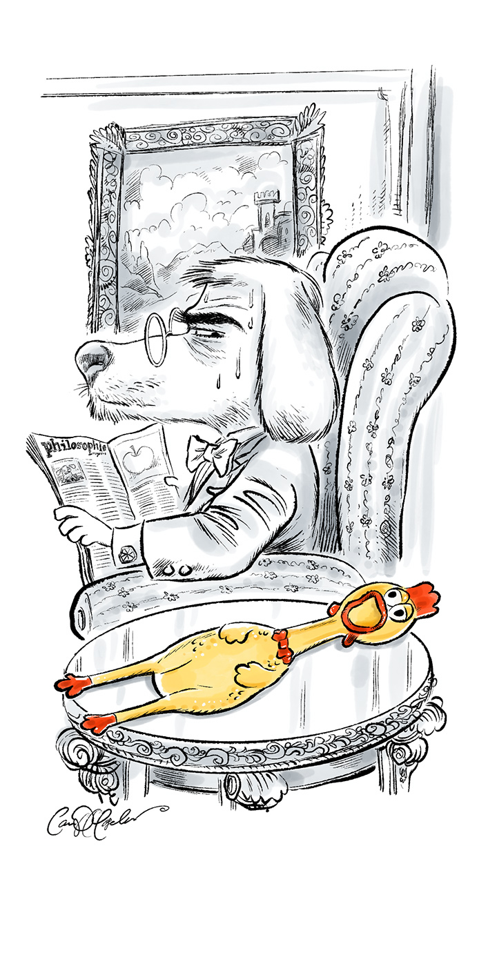 Cartoon dog in glasses reading "Philosophie" on chair, rubber chicken on table, painting behind.