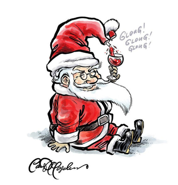 Cartoon Santa sits on the ground, pouring wine into a glass with a trailing white beard.