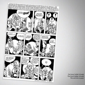 Black and white comic strip titled "Der brave Soldat Schwejk" with characters in dialogue.