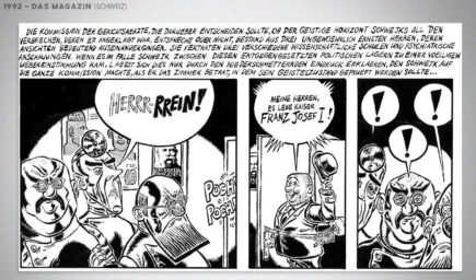 Comic from a 1992 Swiss magazine with men surprised by a shout for Emperor Franz Joseph I.