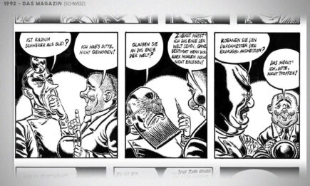 Black-and-white comic strip with characters humorously discussing measurements and existential topics.