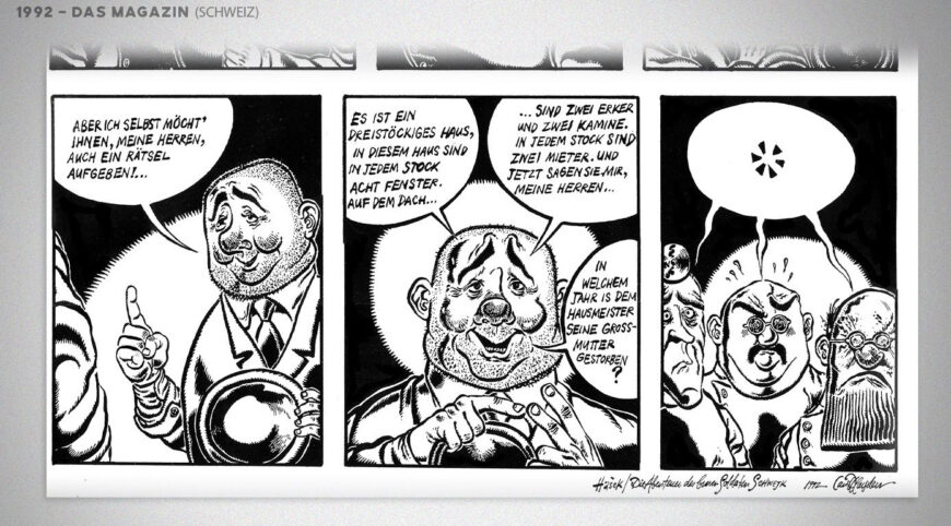 Comic strip from 1992 with a man presenting a riddle about a caretaker's grandma.