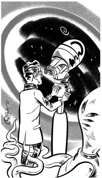 Scientist in lab coat adjusts a telescope-like device in space with tentacles nearby, cosmic backdrop.