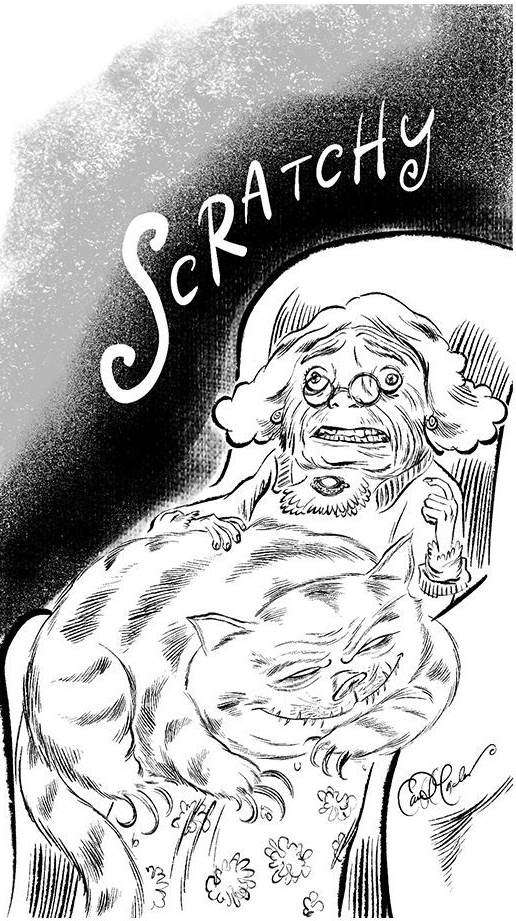Elderly person startled by large cat labeled "Scratchy" on lap; detailed humorous drawing.