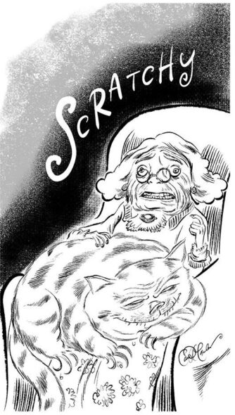 Elderly woman with cat asleep on her lap; "SCRATCHY" text arcing above.