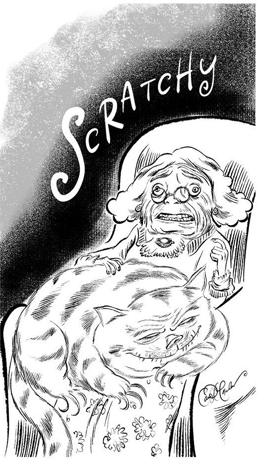 Older person with glasses, surprised, seated with large striped cat on lap, "Scratchy" above.