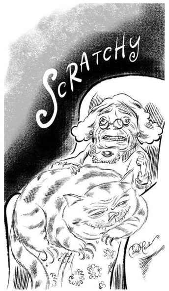 Line drawing of a ruffled, slightly manic cat resting awkwardly on a lap, all fur, elbows, and existential dread.