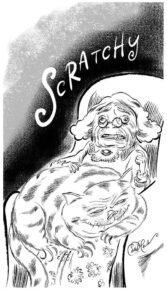 Elderly person nervously holding a large sleeping tabby cat on lap with "SCRATCHY" text above.