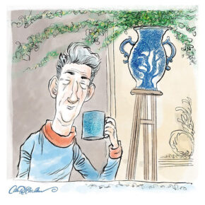 Cartoon of a person holding a mug near a decorative blue vase on a stand with hanging greenery.